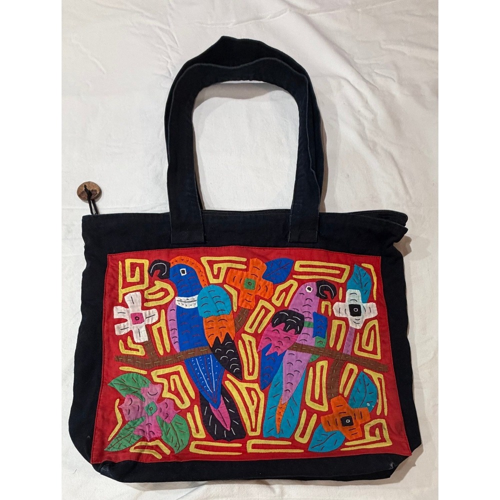 Siamarmola Costa Rica Mola Tote Parrot Embroidery Handmade Black Cotton Parrot